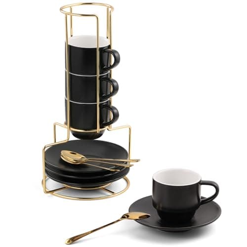 Lareina Lareina Espresso Cups Set with Saucers, Spoons & Stand (3 oz, set of 4)